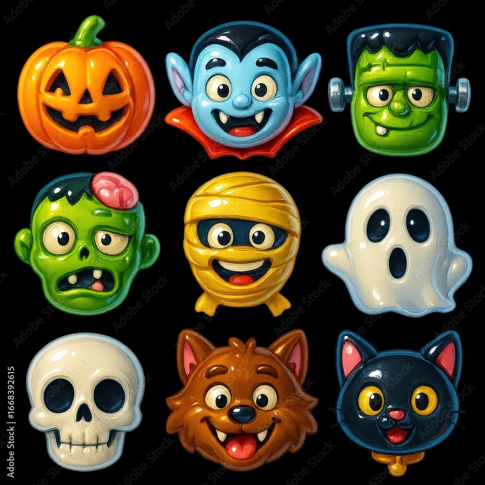 Fototapeta premium Inflatable-look pumpkin, vampire, Frankenstein, ghost, skull, cat — PNG.