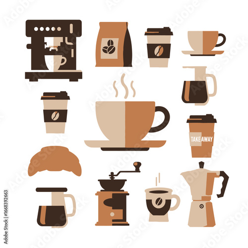 A vibrant collection of coffee-related icons, showcasing various brewing methods and accompanying treats.
