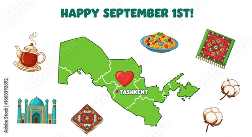 Uzbekistan map with a heart over Tashkent, surrounded by cultural symbols like tea, plov, carpets, cotton, and a mosque, wishing a happy September 1st.