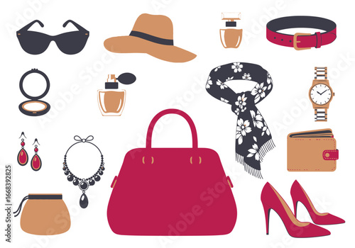 A vibrant collection of women's fashion accessories.  Includes handbag, jewelry, perfume, and more.