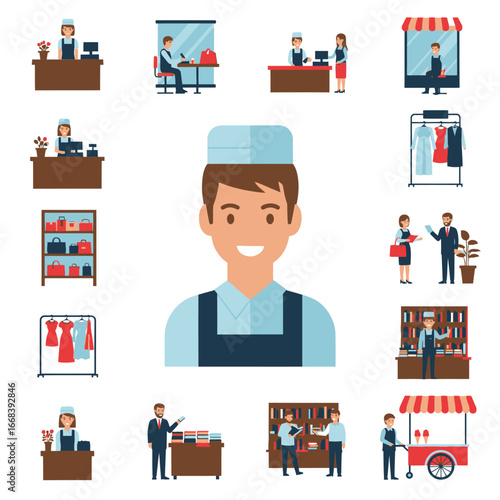 Diverse retail settings and employees.  Illustrative depiction of various shops and workers.
