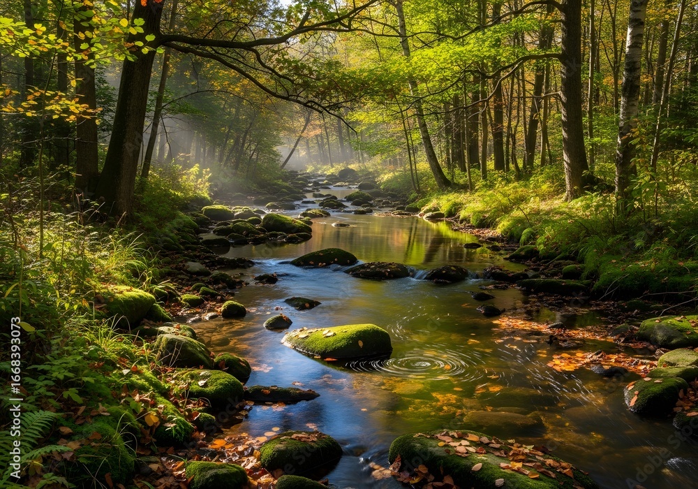 Obraz premium Stunning autumn landscape with a gentle stream flowing through a vibrant forest with colorful foliage, creating a peaceful and serene natural setting for outdoor adventures and tranquil moments