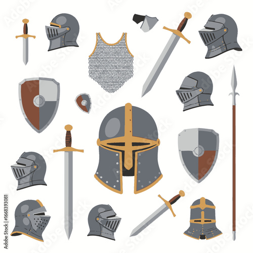 Collection of medieval knight's equipment. Helmets, swords, shields, and chainmail.