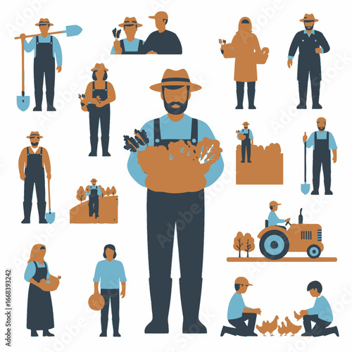 Illustrative depiction of various farming activities and people involved in agriculture.