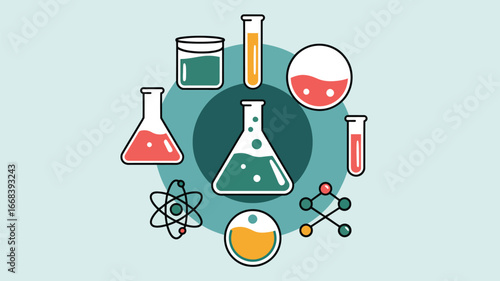 A collection of science lab equipment including beakers flasks and molecules on a light blue background
