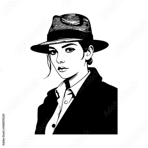 The image depicts a woman with a look of determination and mystery in her eyes. Her style portrays her as a strong and confident personality.
