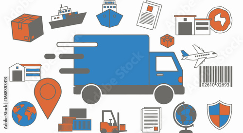 Illustration of global delivery and logistics, showcasing various modes of transportation and security measures.
