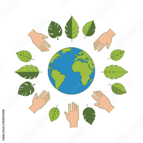 Hands and leaves surrounding the Earth, symbolizing environmental care.