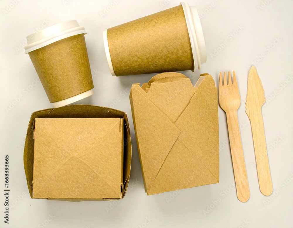 Naklejka premium Eco-Friendly Food Packaging Sustainable Takeout Containers and Utensils