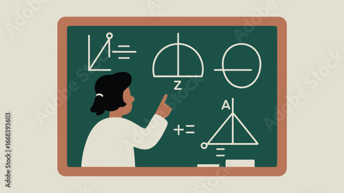 A teacher explaining geometric shapes and equations on a green chalkboard in a classroom setting scene