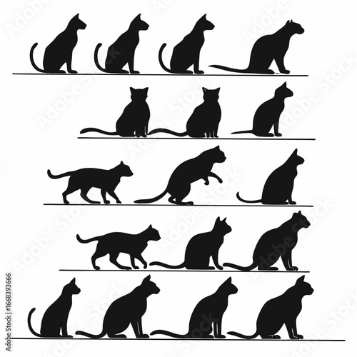 Array of cat silhouettes showing various poses and movements in vector illustration vector
