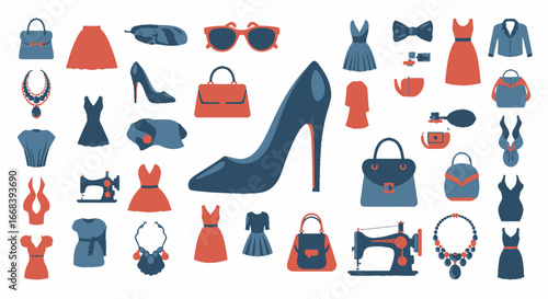 Stylish collection of fashion icons including dresses, shoes, handbags, jewelry, and more.