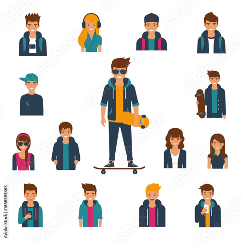 A diverse group of teenagers showcasing various styles and activities.