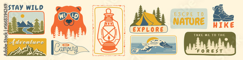 Hiking and camping badge set with hand-drawn forest and wildlife elements.Retro adventure emblems with bear logo, mountain silhouettes,tourism stamps.Vintage style stickers for outdoor and travel desi