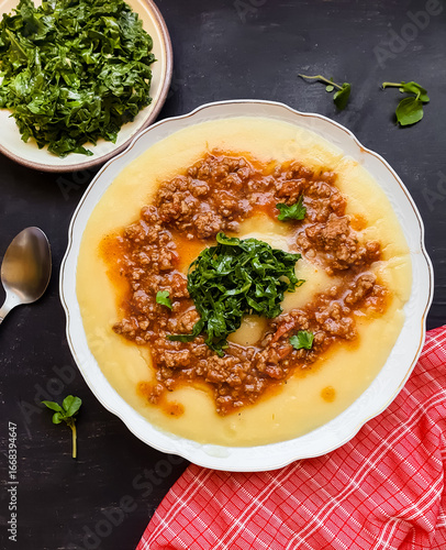 Angu with bolognese sauce and braised taioba on a white plate on a black background, typical Brazilian food from Minas Gerais