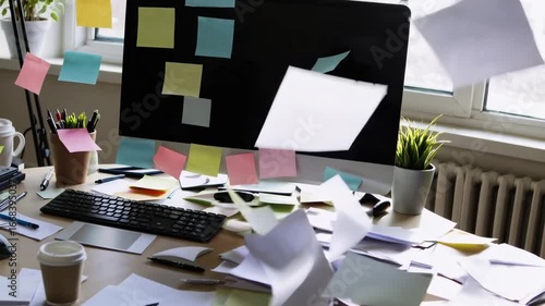 state of disarray and untidiness on workspace surface within professional environment