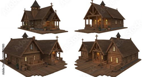 Fototapeta Naklejka Na Ścianę i Meble -  Four wood churches architectural illustrations