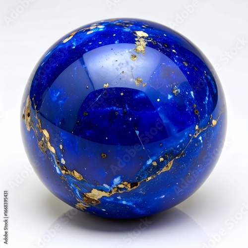 Captivating lapis sphere with golden pyrite inclusions, a celestial gem on white background