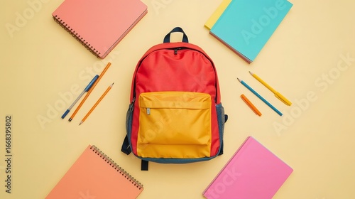 Back to school concept, stationery items, backpack, notebook, colorful background, top view, clean style