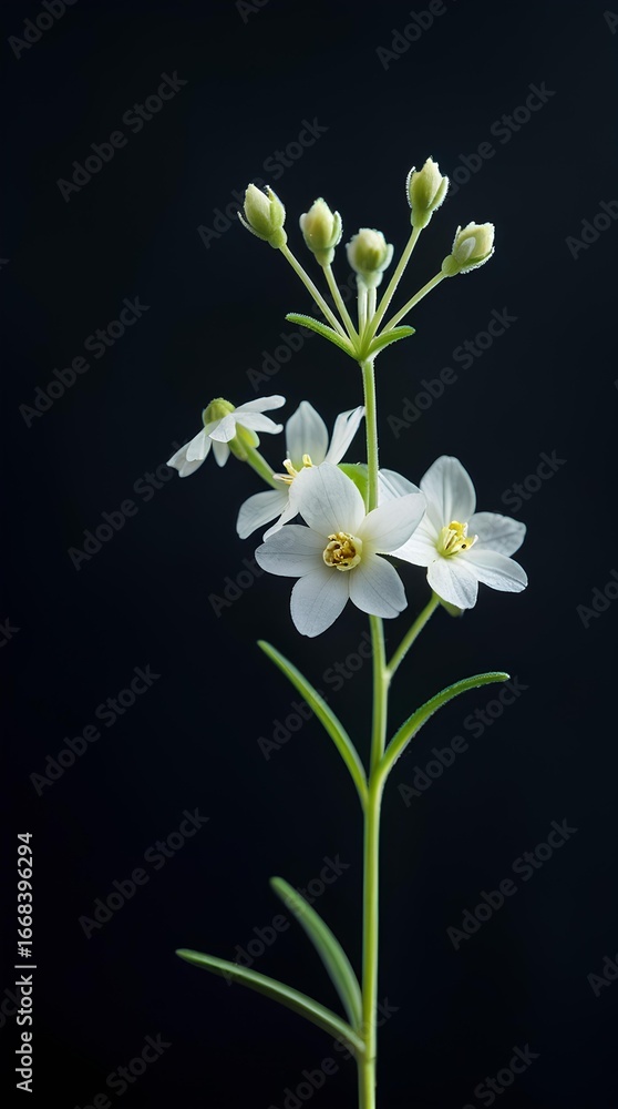 Obraz premium Delicate White Wildflower with Blossoms and Buds on Black Background