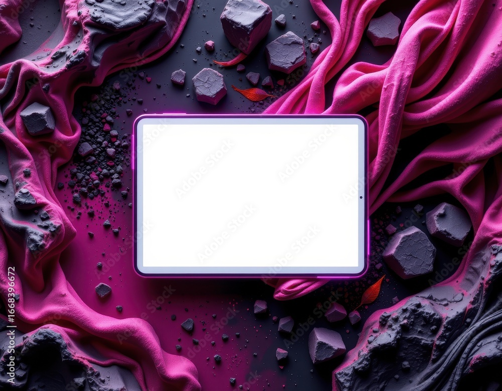 Obraz premium A white-screen tablet amidst purple silk and broken stones, where digital stillness meets vibrant textures.