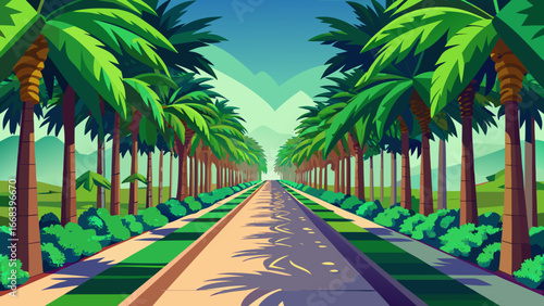 Vector art of a scenic road lined with palm trees under a clear blue sky, perfect for summer vacation and tropical travel themes