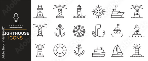 Minimalist lighthouse icons featuring marine towers, ships, and compasses.