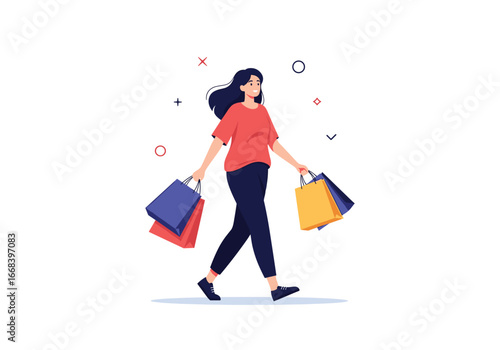 Woman enjoying a shopping spree carrying colorful bags full of purchases