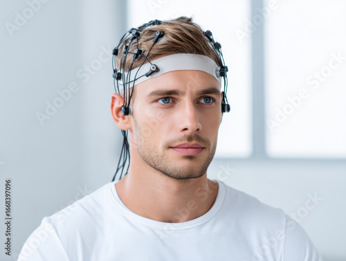 young man wearing a brainwave monitoring headset, appearing focused in a modern, bright environment.