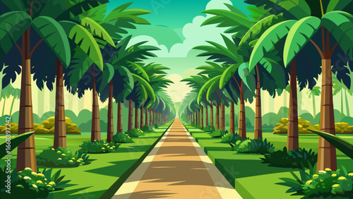 Vector art of lush palm tree lined path leading to a tropical paradise, creating a serene and inviting scene for travel and relaxation