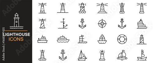 Lighthouse icon set representing coastal safety, navigation, and travel.