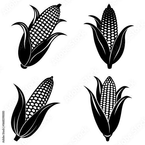 Four black and white stylized corn cobs with husks arranged symmetrically on a white background