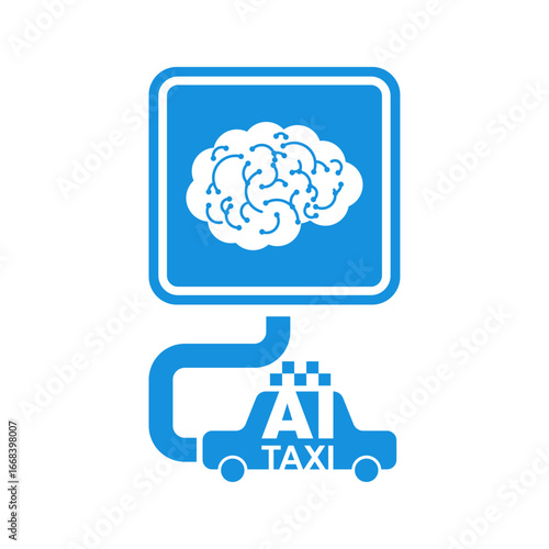 AI-powered taxi logo with a brain icon. Concept of autonomous driving, smart transport, and modern mobility solutions.