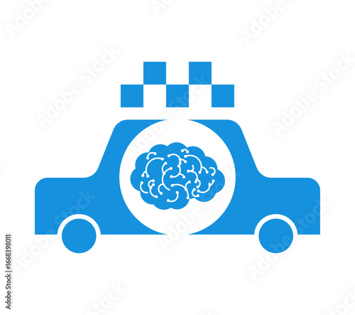 AI taxi icon with a brain symbol. Concept of smart transportation, autonomous driving, and futuristic mobility services.