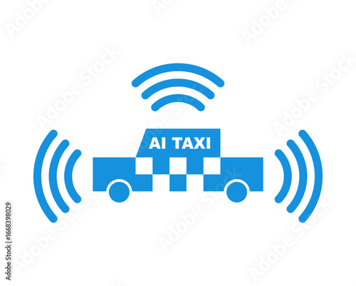 AI taxi icon with wireless signal lines. Concept of autonomous driving, smart navigation, and connected transport systems.