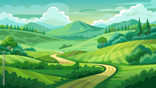 Vector art of a vibrant green landscape with rolling hills, a winding road, and a clear sky, capturing the essence of a peaceful and idyllic countryside scene
