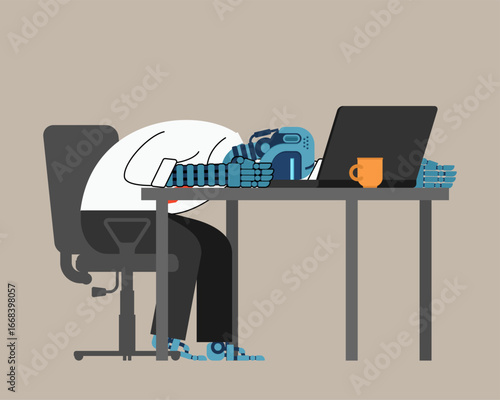 Tired robot sleeping at the desk with laptop and coffee cup. Concept of AI burnout, overwork, and digital exhaustion.