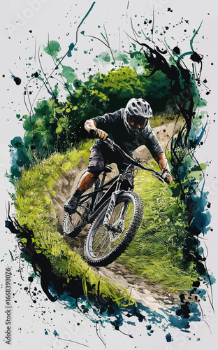 mountain biker riding downhill on a lush green trail