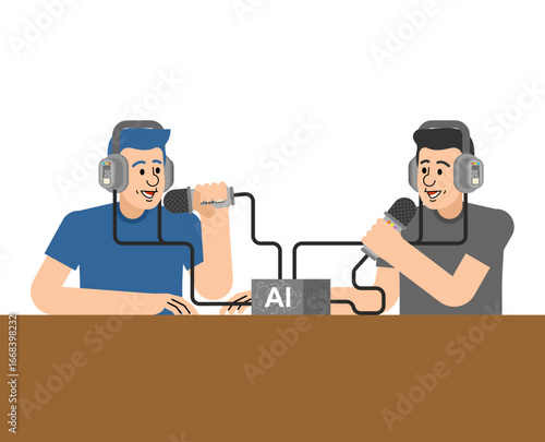 Two men use an AI-powered online translator on a laptop. Vector illustration showing artificial intelligence technology, digital communication, and real-time language translation service.