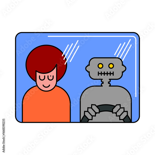 Man sitting in a self-driving taxi with AI robot driver. Vector illustration of autonomous transport, artificial intelligence, smart mobility, and futuristic city transportation concept.
