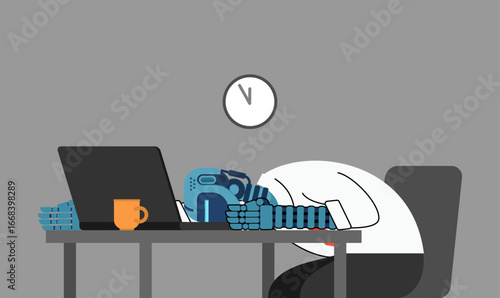 Robot fell asleep at a desk with laptop and coffee. Illustration about artificial intelligence fatigue, machine burnout, and futuristic concept of tired AI assistants in modern digital life.