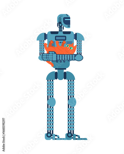 Robot holding a cute cat. Vector illustration of artificial intelligence caring for pets, futuristic companionship between machines and animals, and emotional connection with technology.