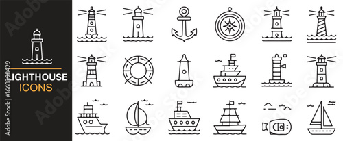 Collection of vector icons for lighthouses, ships, and nautical design projects.