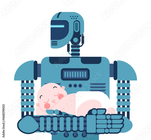 Robot nanny holding a baby. Vector illustration about artificial intelligence in childcare, futuristic parenting support, smart technology for families, and emotional care by machines.