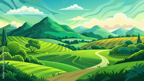 Vector art of vibrant green hills and valleys under a dynamic sky, a scenic landscape with winding paths and distant mountains, ideal for travel and tourism