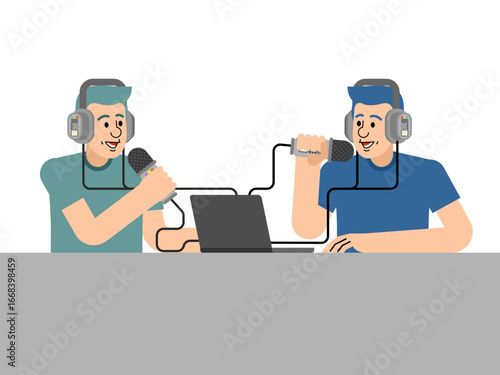 Two men recording a podcast with microphones and a laptop. Vector illustration about teamwork, digital media, communication, audio content creation, and modern online broadcasting.