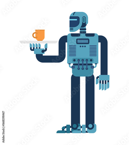 robot holding a cup. Vector illustration symbolizing artificial intelligence in everyday life, futuristic service robotics, modern digital assistants, and human–machine interaction.