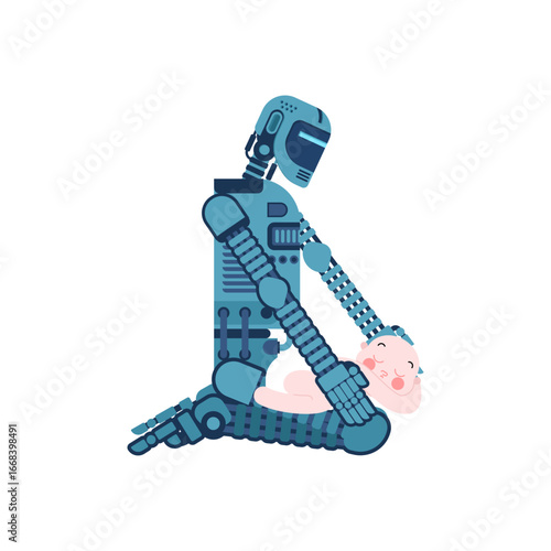 AI robot gently caring for a baby and changing diapers, symbolizing future parenting support, childcare, and the role of technology in family life.