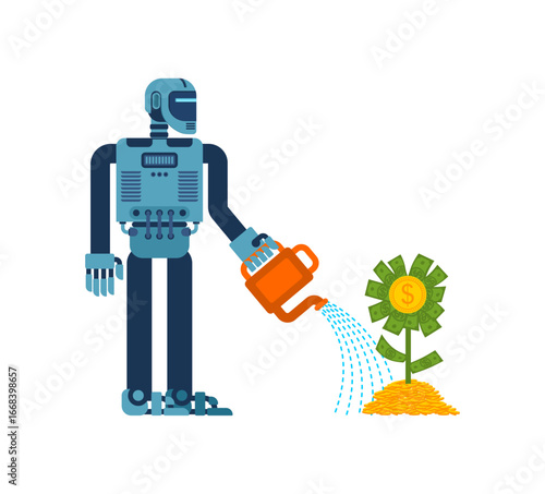 Robot watering a money tree. Concept of financial growth, technology, and smart investments for future success.