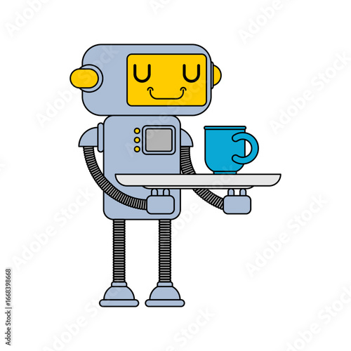 Cute friendly robot holding a cup of coffee and smiling. Futuristic assistant character, perfect for technology, AI, or automation concepts.